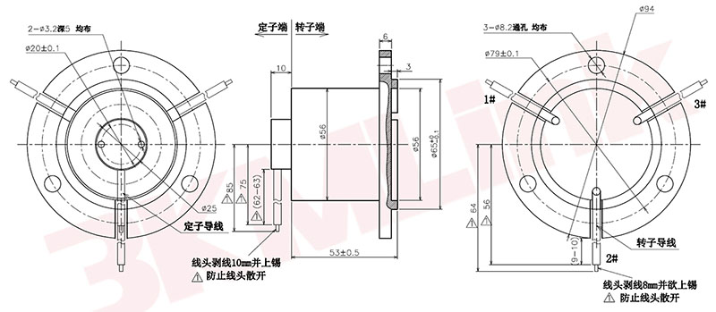 3路工業(yè)自動化設(shè)備高轉(zhuǎn)速空心軸導(dǎo)電滑環(huán)尺寸示意圖